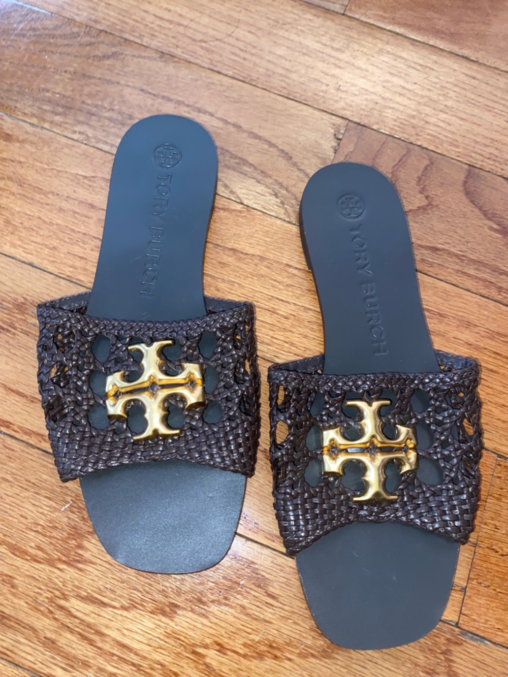 Tory Burch Dark Brown Woven Slide Sandals with Gold Logo